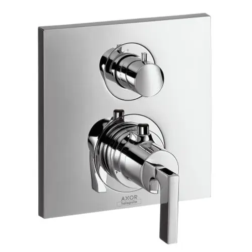 Thermostat Unterputz mit Absperrventil und Hebelgriff in Chrom. AXOR-Design mit zwei zentralen Bedienelementen zur Temperatureinstellung und Wassersteuerung.